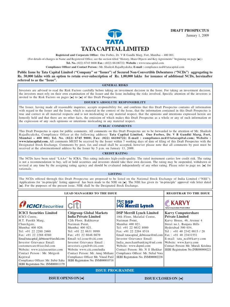 Tata Capital Limited: Draft Prospectus | PDF