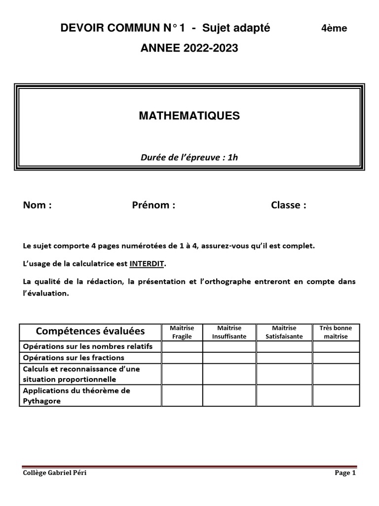 Devoir Commun Français 5ème Pdf Avec Correction Devoir Commun 4ème 2022-2023 Sujet - Adapté | PDF | Objets mathématiques |  Mathématiques élémentaires