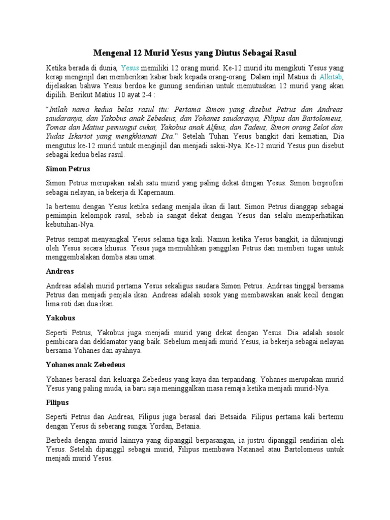 Mengenal 12 Murid Yesus Yang Diutus Sebagai Rasul | PDF