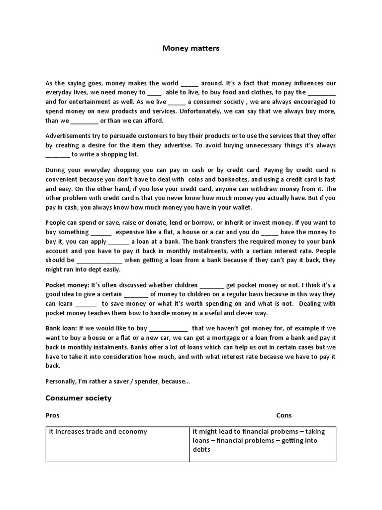 Money Matters Pdf Cost Of Living Finance Money Management