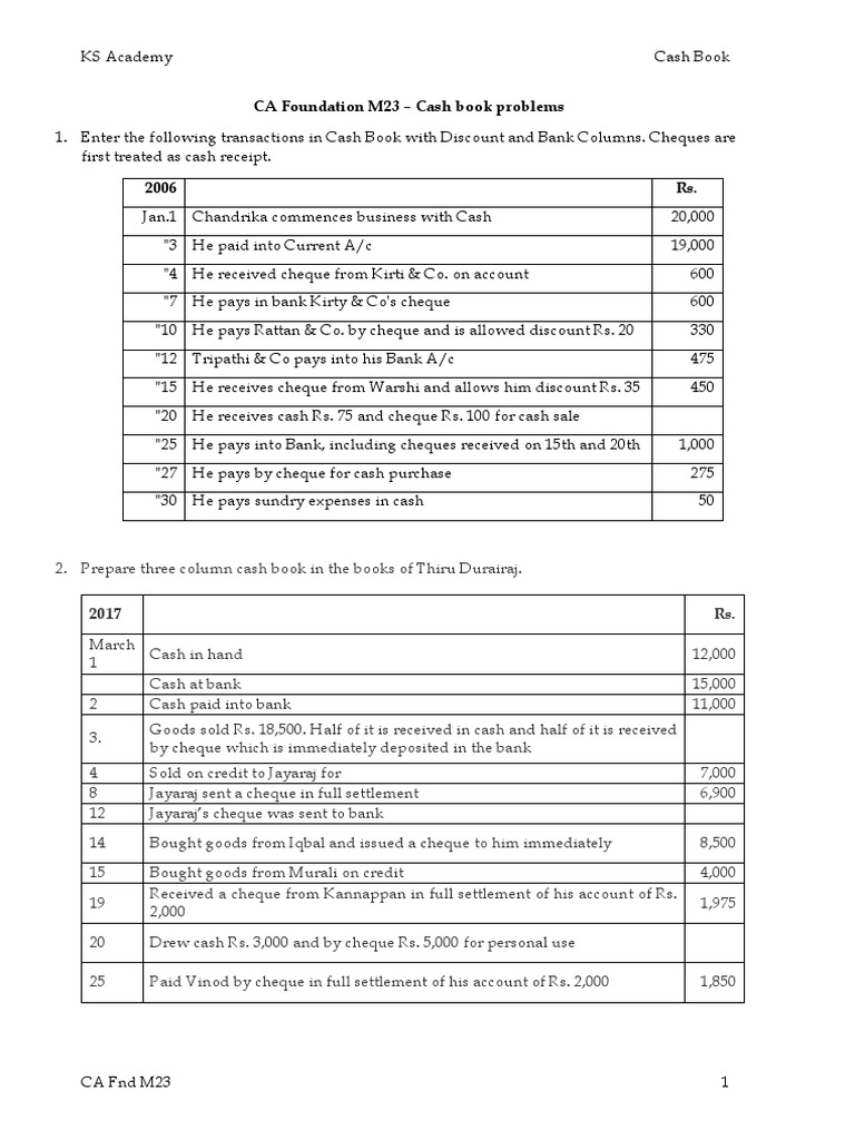 CA FND M23 Cash Book Questions PDF Cheque Banks