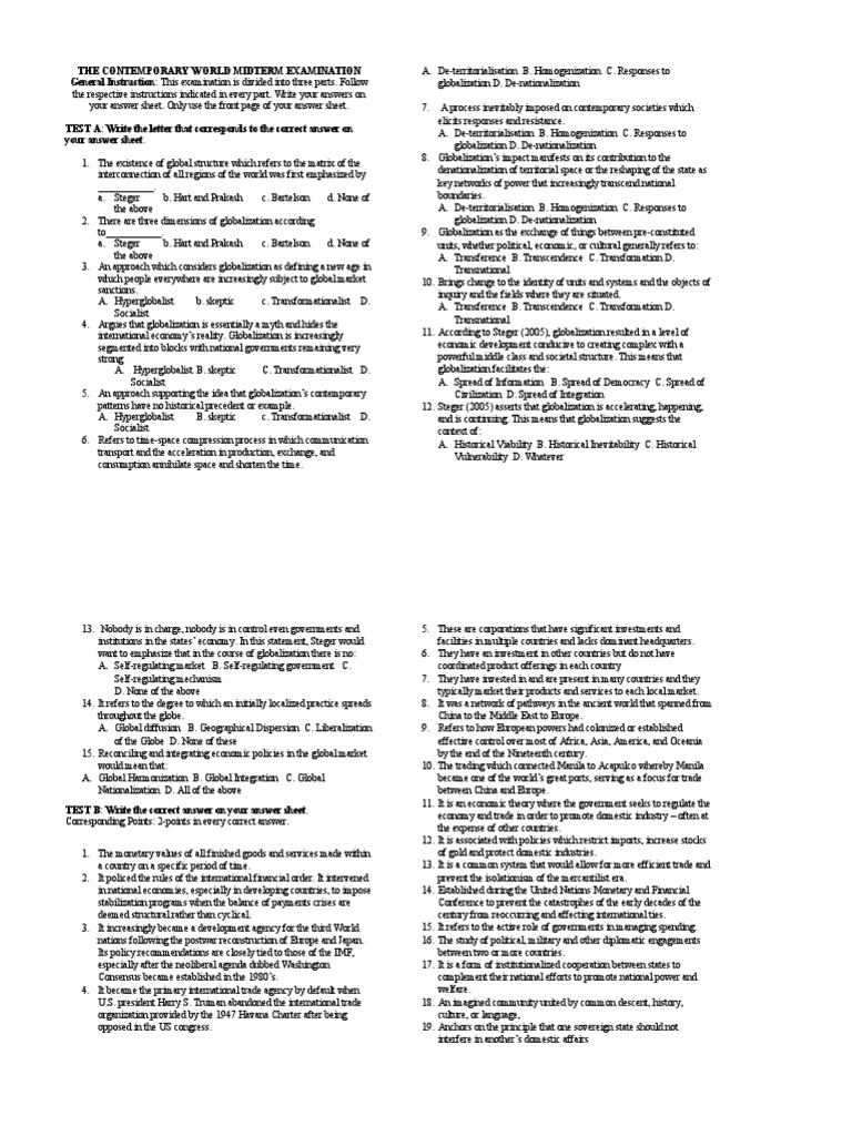 Contemporary World Midterm Exam Guide | PDF | Globalization | Economies