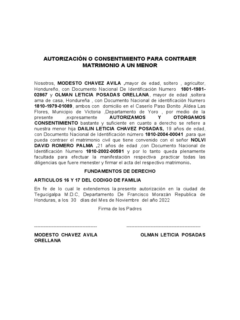 Consentimiento Matrimonial Menor Honduras | PDF | Ciencias sociales ...