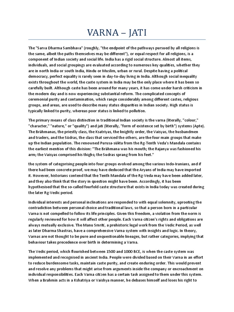 VARNA Jati PDF Caste Indian Religions