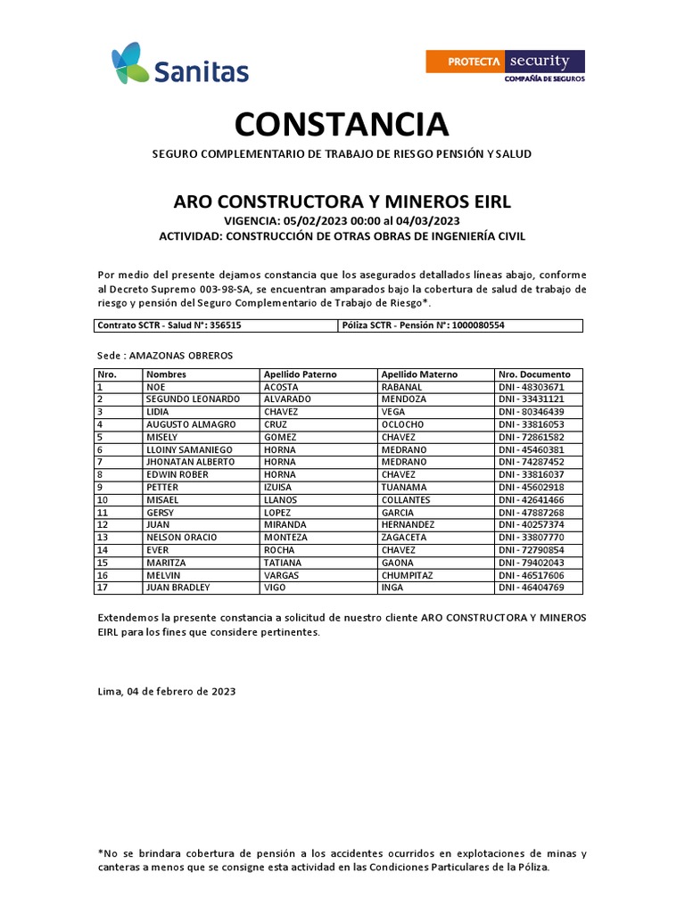 Cobertura SCTR ARO Constructora y Mineros | PDF