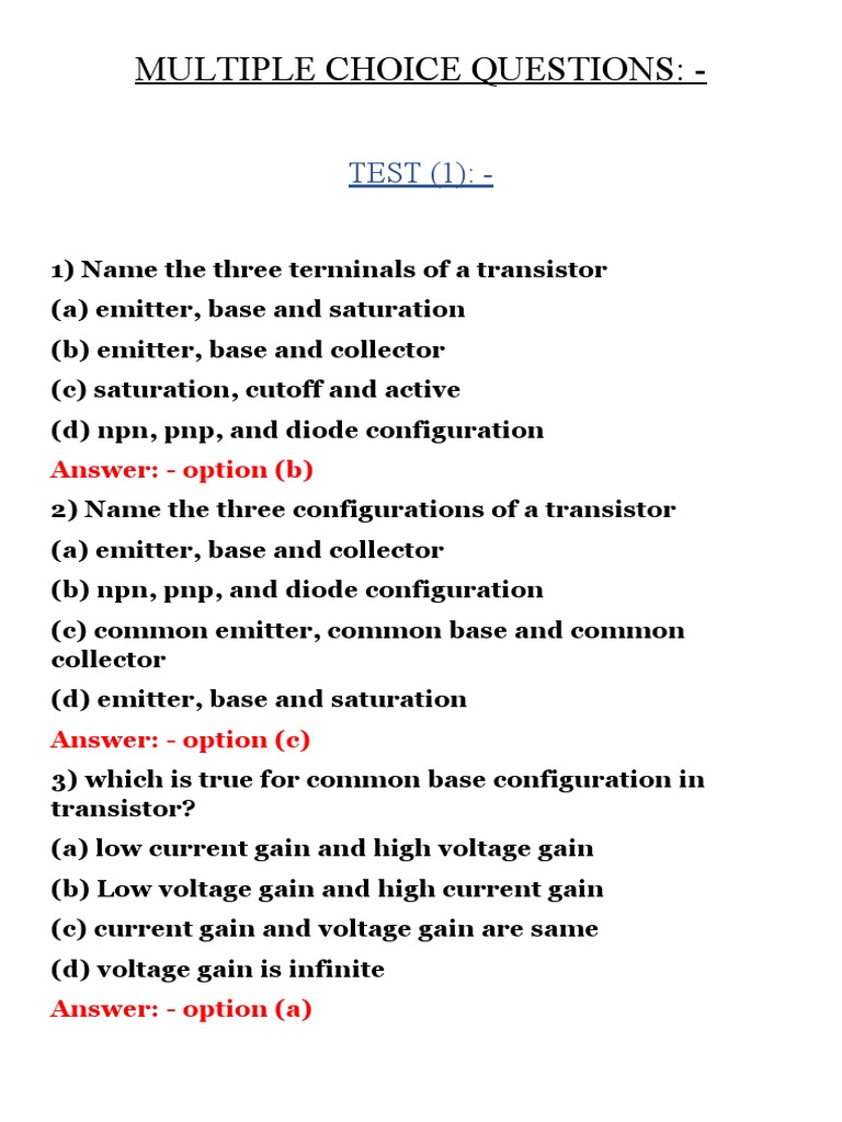 Multiple Choice Questions (1) 1 PDF Bipolar Junction Transistor