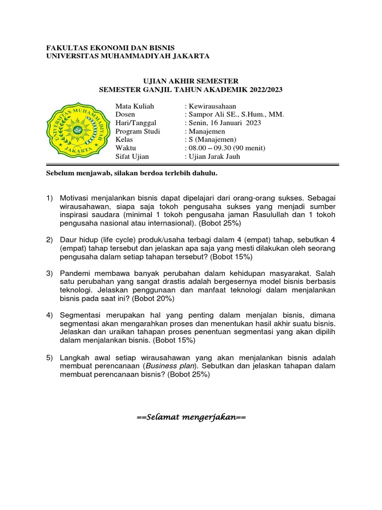 Mengupas Tuntas Contoh Soal UAS Kewirausahaan Kelas 11 Semester 1 Tahun 2019: Kunci Sukses Menghadapi Ujian