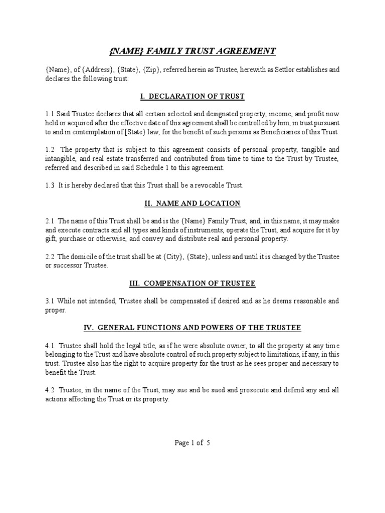 Sample Family Trust Agreement Trust Law Trustee