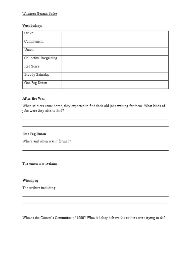 Winnipeg General Strike Worksheet | PDF | Trade Union | Economies
