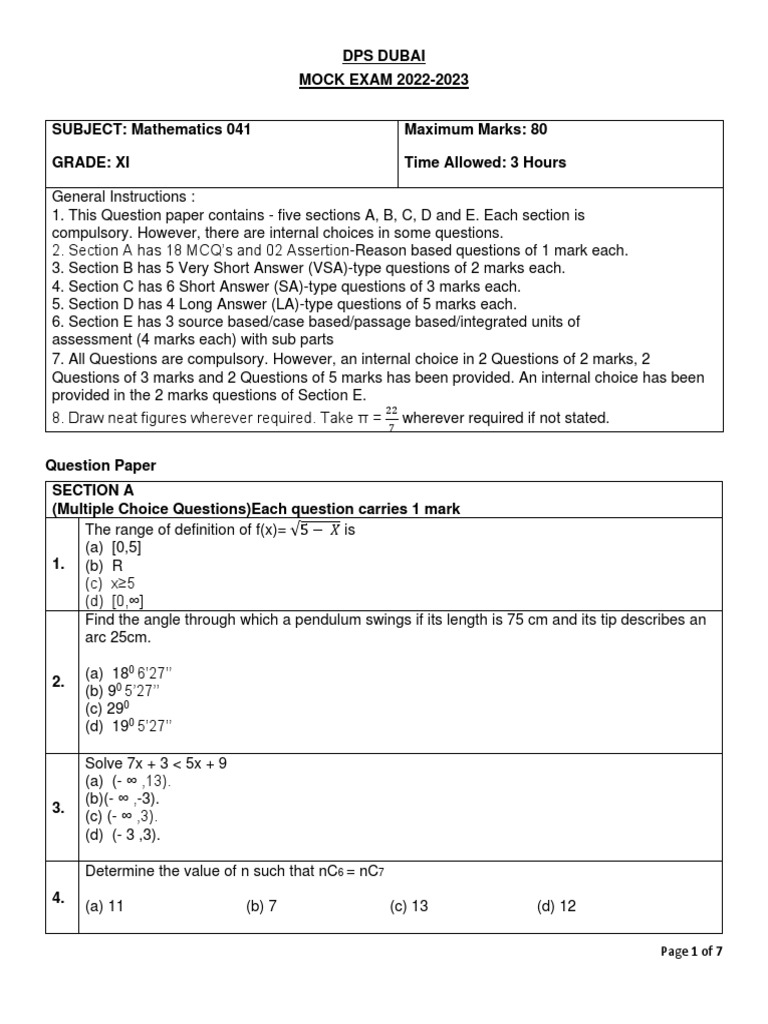 DPS Dubai XI Math Mock Exam 2022-23 | PDF | Ellipse | Elementary Geometry