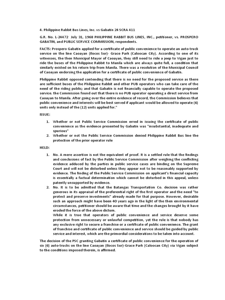 Philippine Rabbit Bus Lines, Inc. Vs Gabatin 24 SCRA 411 | PDF ...