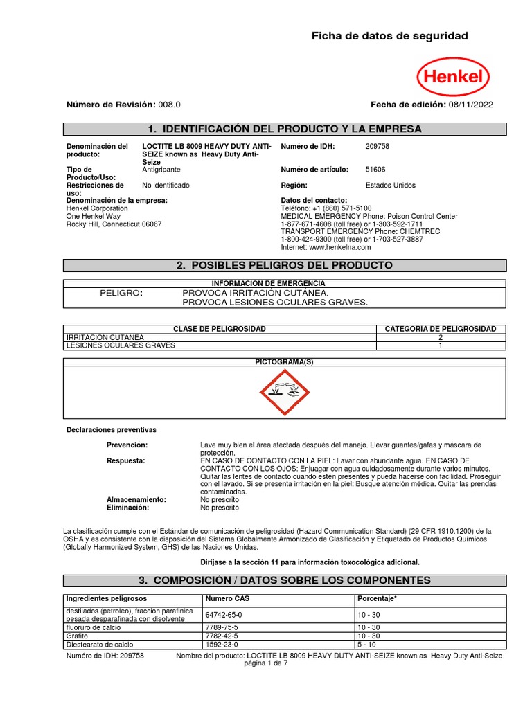 Hoja de Seguridad Loctite PDF