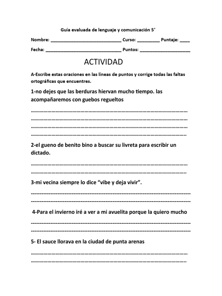 Guía de Lenguaje 5°: Actividades y Ejercicios | PDF