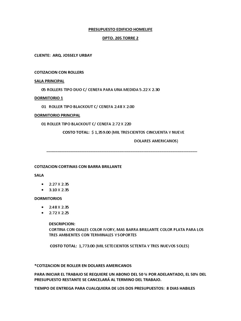 Presupuesto Cortinas y Rollers Homelife | PDF | Tecnología