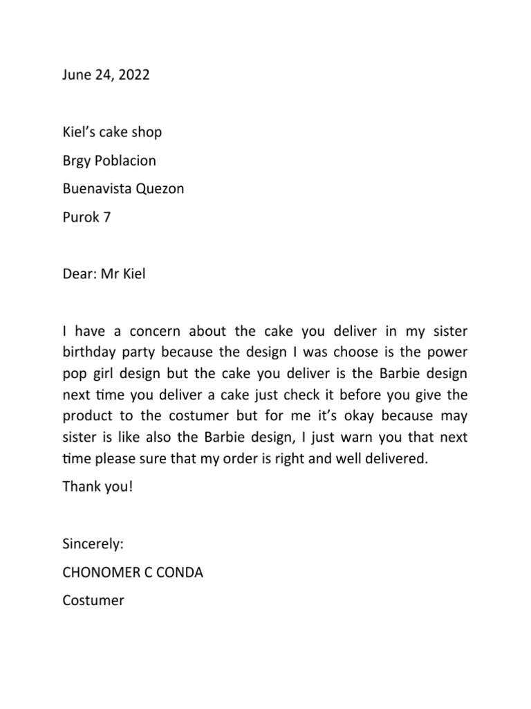 Cake Order Delivery Concern | PDF