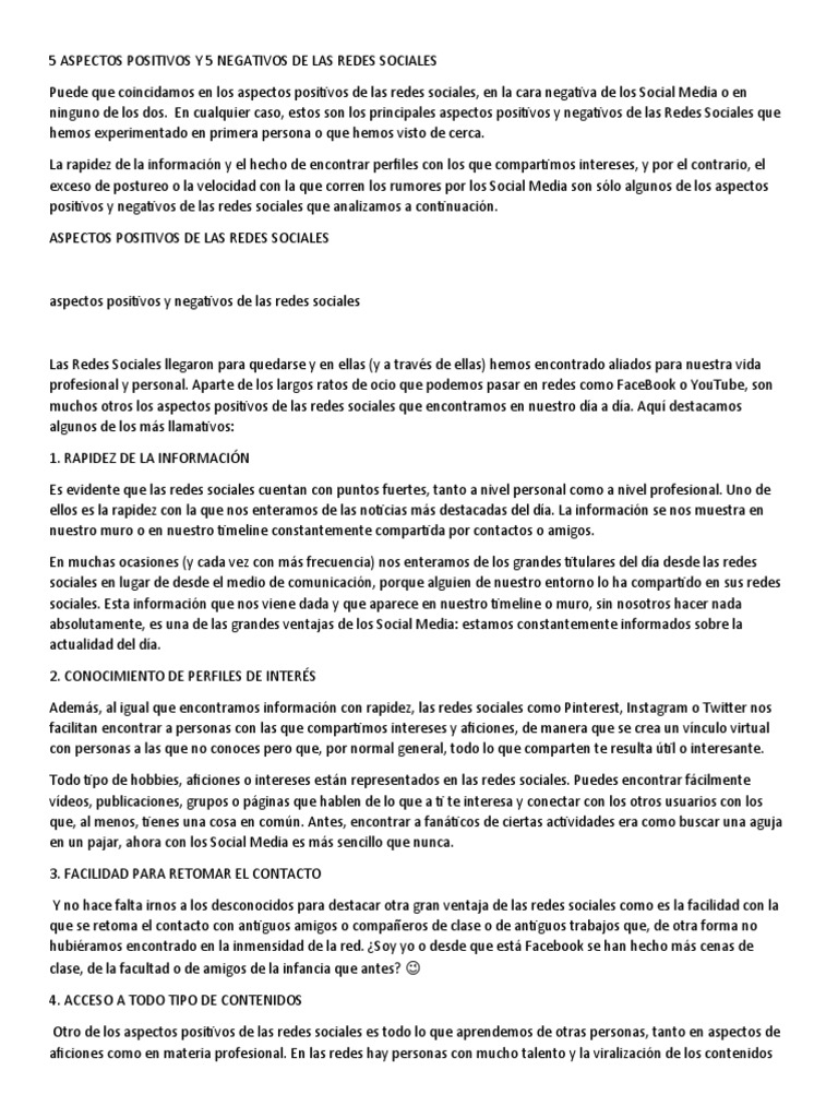 5 Aspectos Positivos y 5 Negativos de Las Redes Sociales | PDF ...