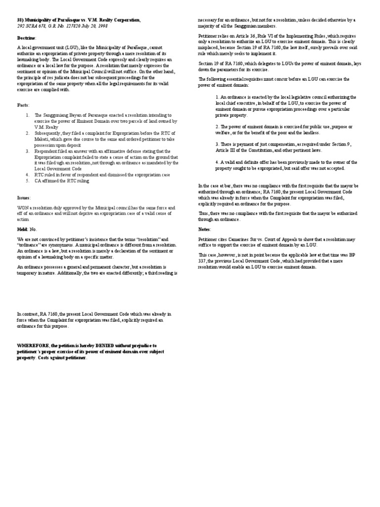 Parañaque v. V.M. Realty: Expropriation Case | PDF | Eminent Domain ...