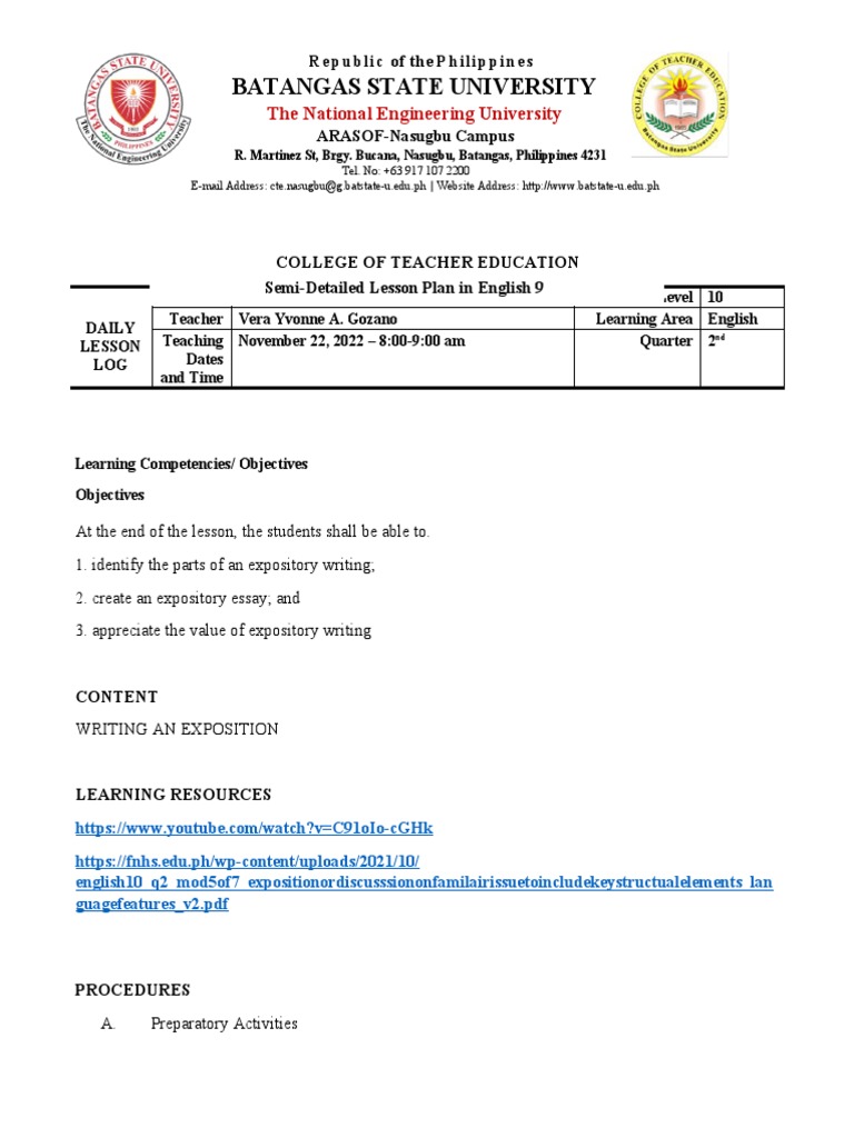 Expository Writing Lesson Plan for Grade 10 | PDF | Essays | Cognition