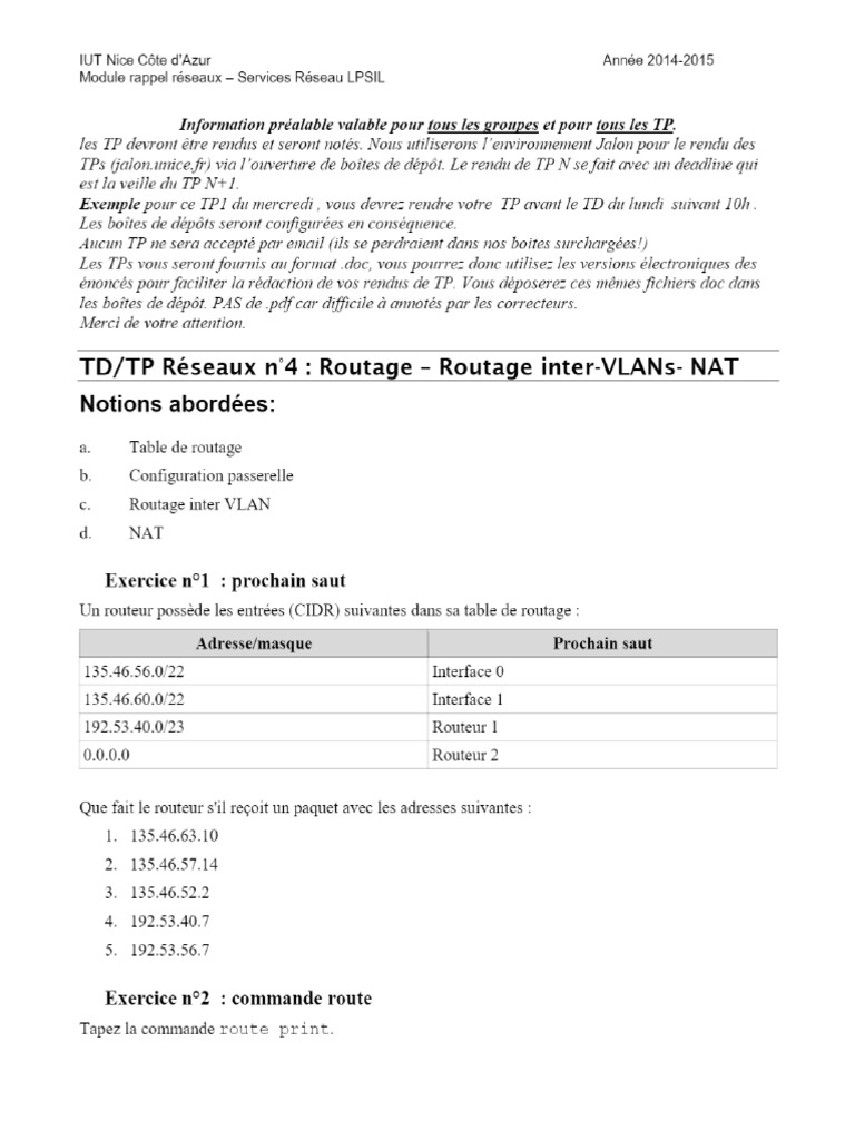 TD - TP Réseaux N 4 - Routage Routage Inter-Vlans - NAT Notions ...