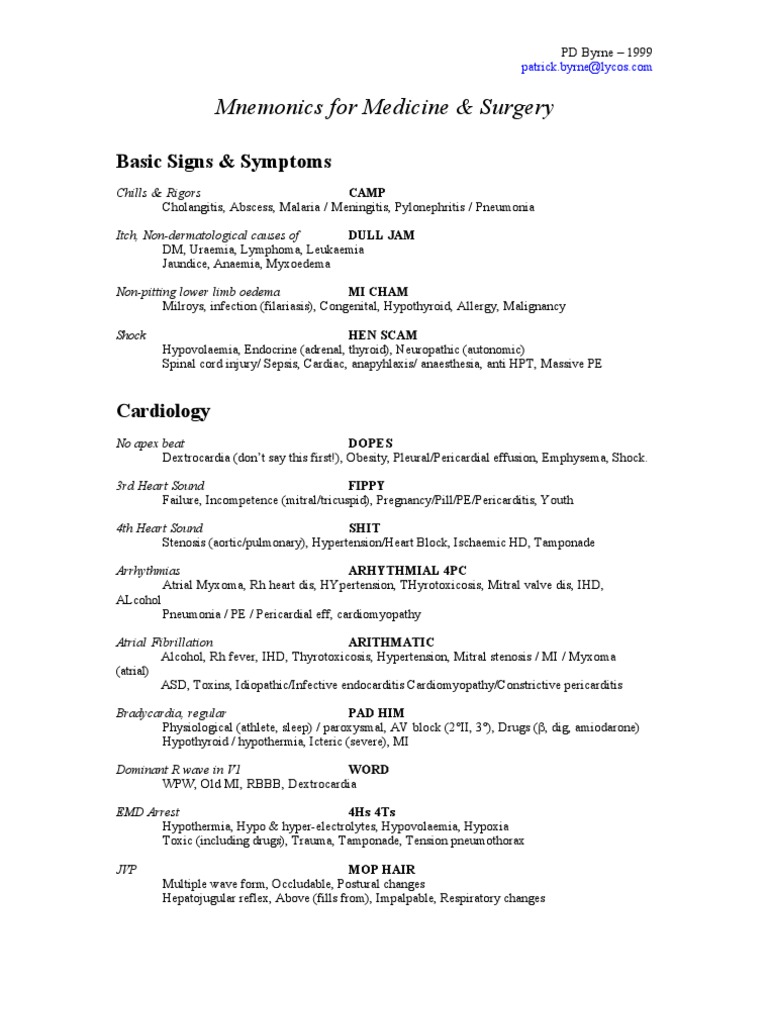 Mnemonics For Medicine & Surgery | PDF