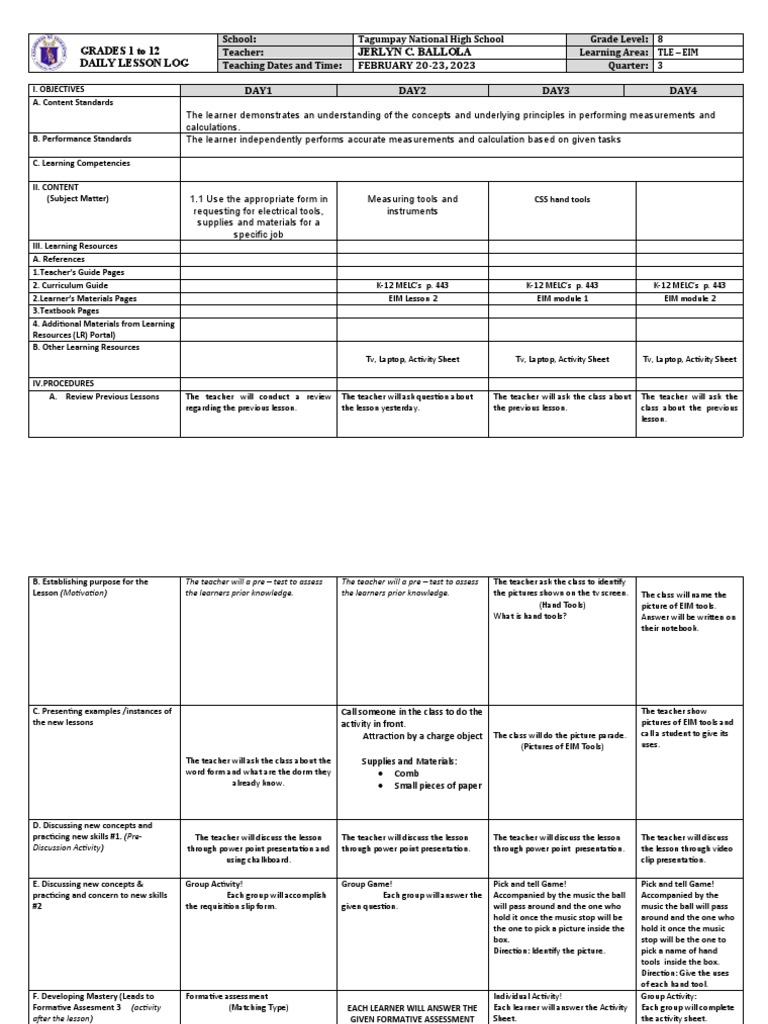 Measuring Tools and Techniques A Daily Lesson Log Detailing a TLE