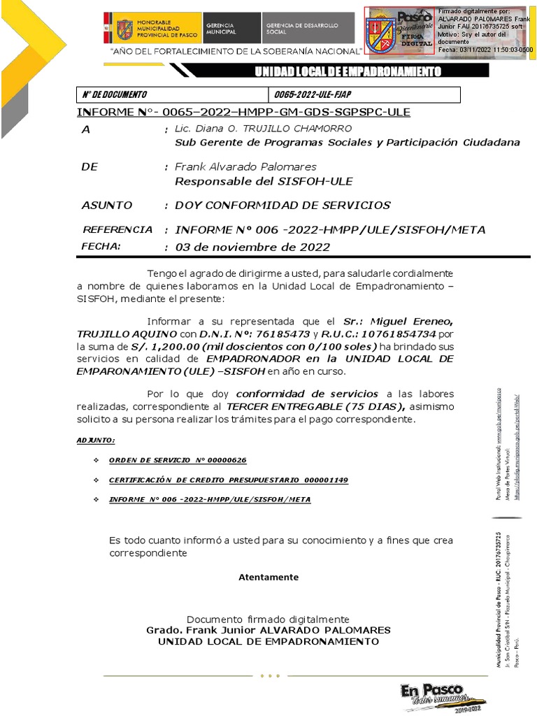 Informe 0065 - Conformidad de Servicios Meta 006 (R) | PDF