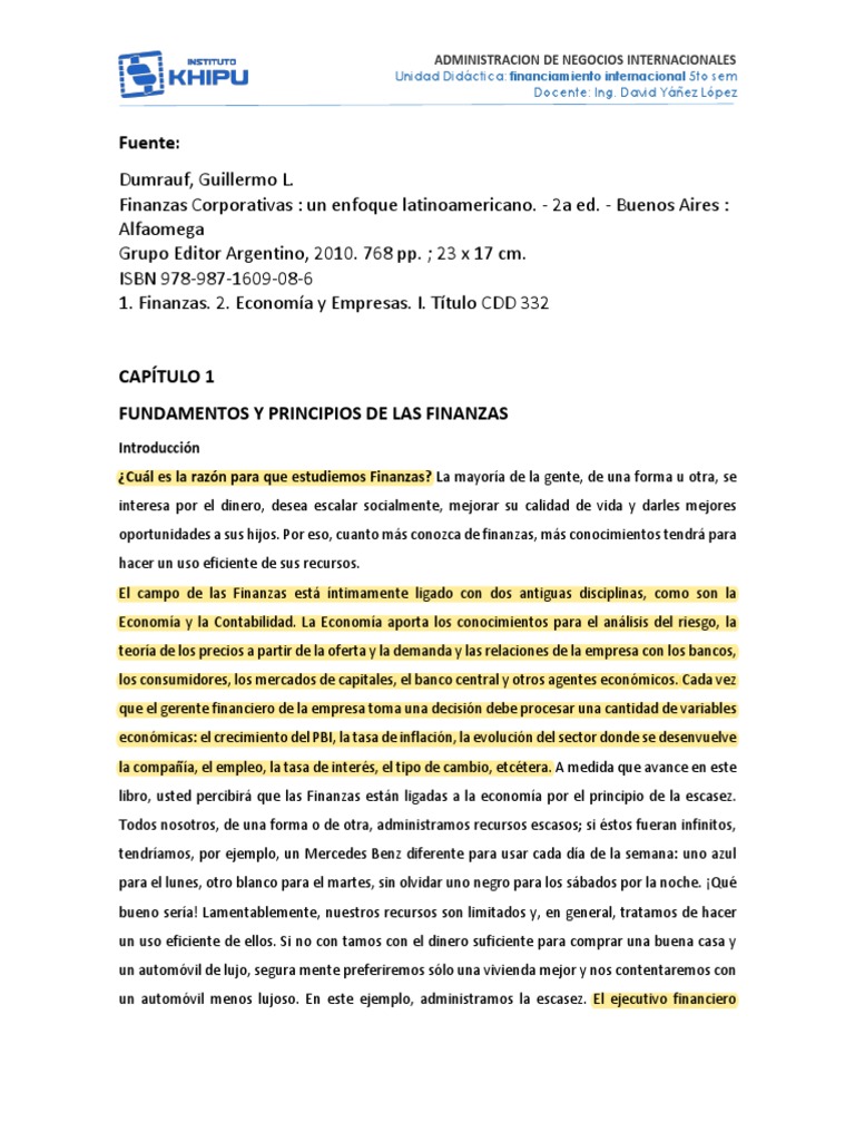 1 FUNDAMENTOS Y PRINCIPIOS DE LAS FINANZAS (1) Resaltado | PDF ...