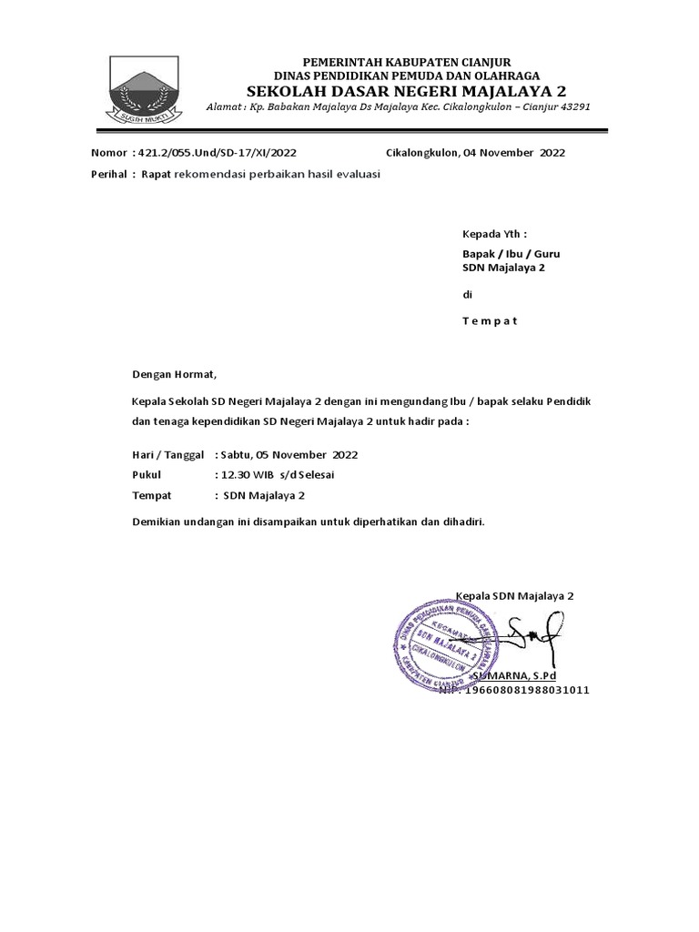 Surat Undangan Rapat Evaluasi Yang Berisi Rekomendasi Perbaikan Hasil