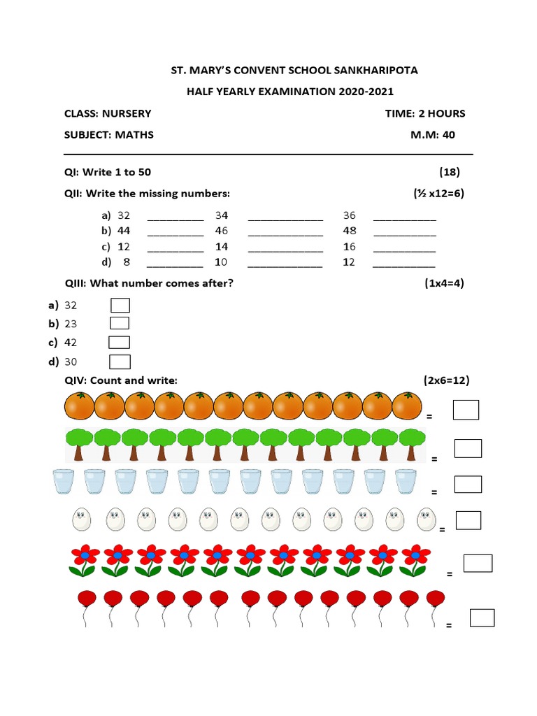 Nursery Class Maths (Written) Half Yearly Question Paper PDF PDF