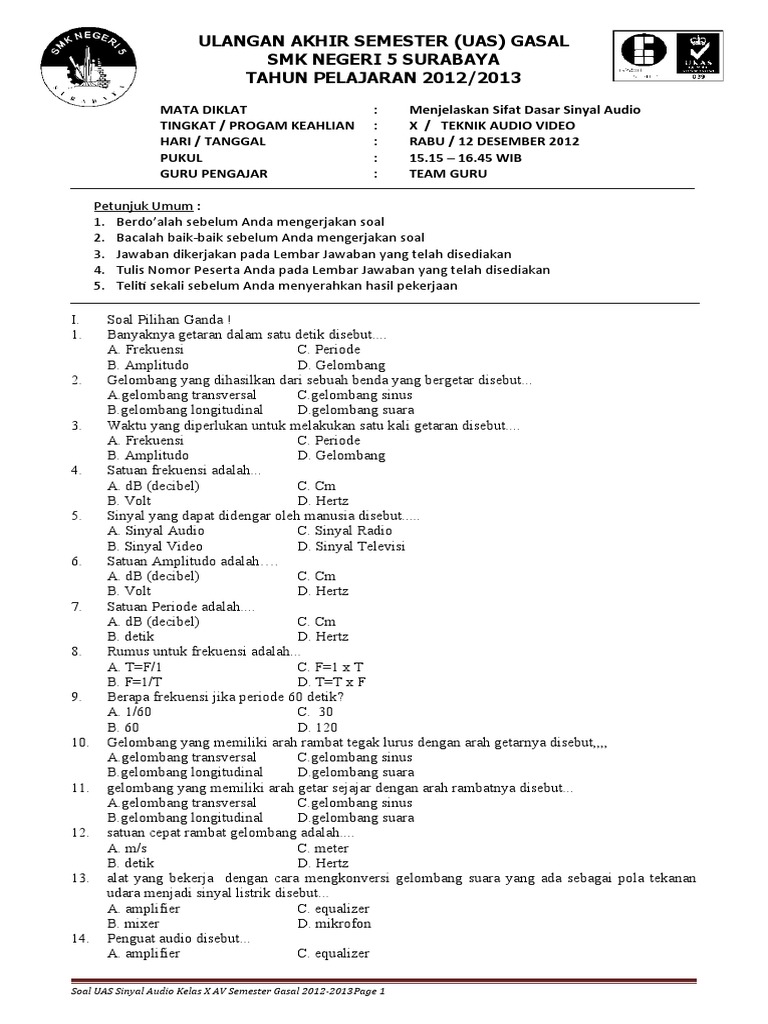 UAS Sinyal Audio Kelas X AV 2012 | PDF | Metode & Bahan Ajar