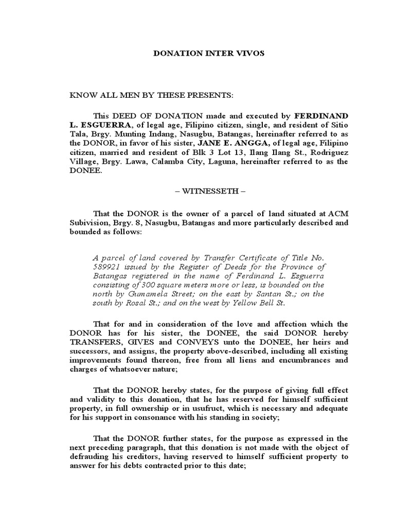 Form No. 19 DONATION INTER VIVOS PDF Law And Economics