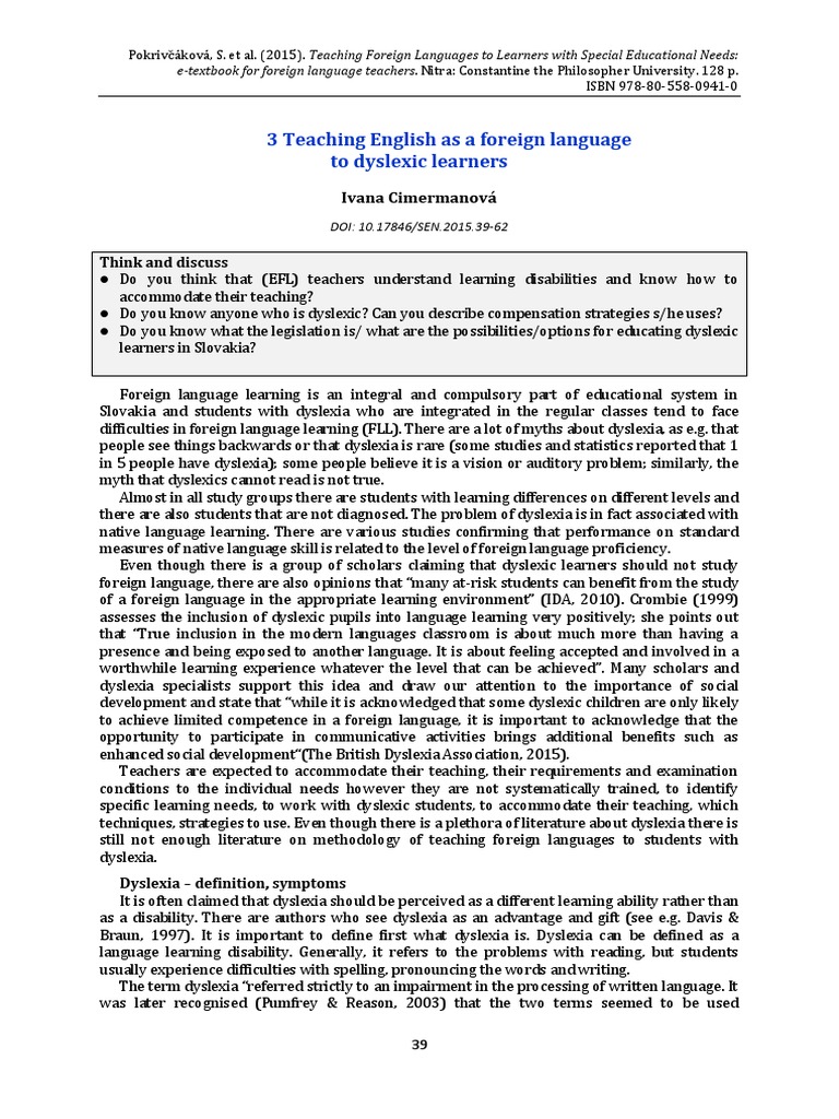 3 Teaching English As A Foreign Language To Dyslexic Learners PDF