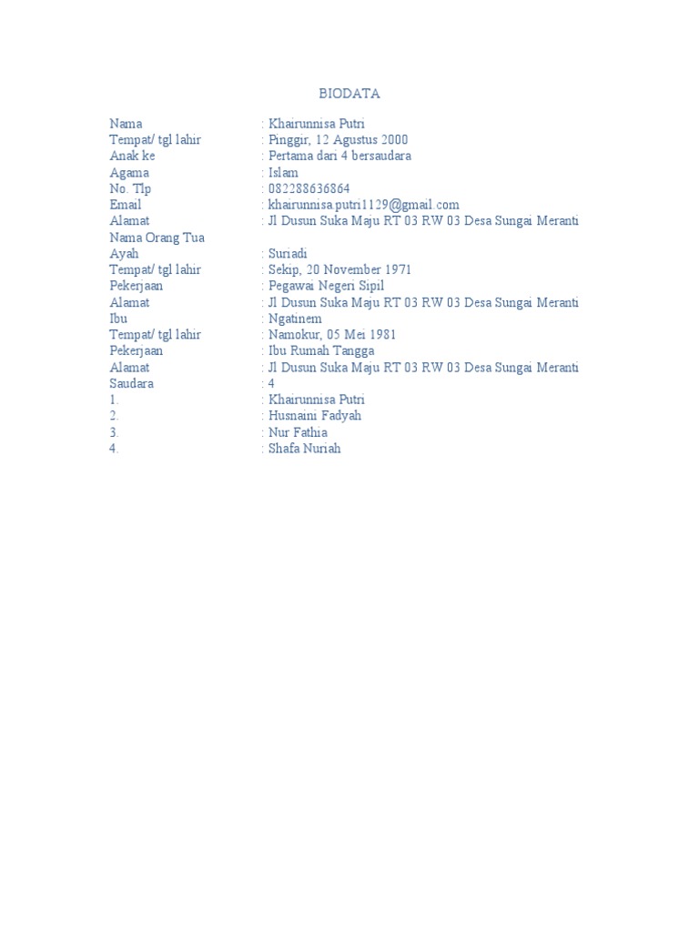 Biodata Khairunnisa Putri 2023 Pdf