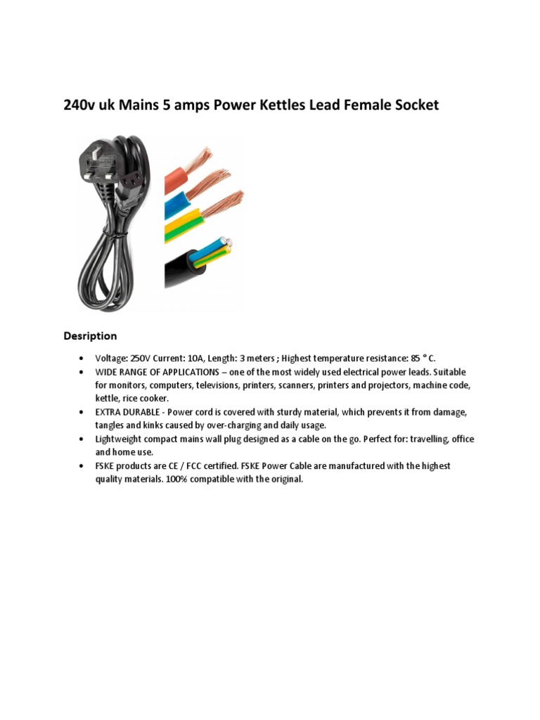 240v uk Mains 5 amps Power Kettles Lead Female Socket PDF