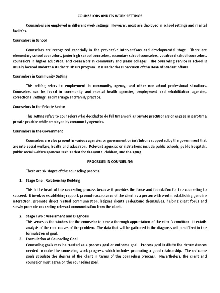 Counseling Work Settings Overview | PDF | School Counselor | Evaluation