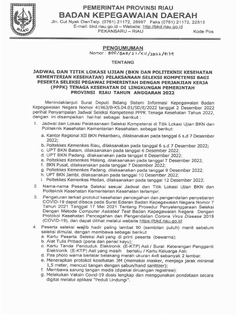 Pengumuman Jadwal Dan Titik Lokasi Seleksi Pppk Nakes Pdf