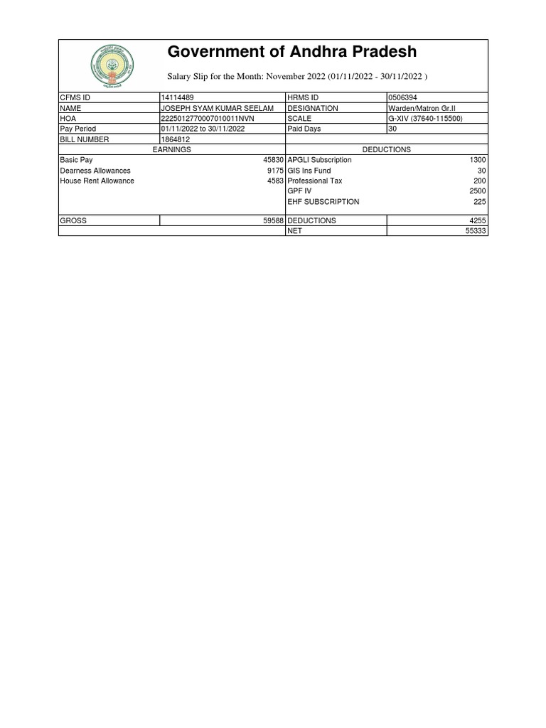 Government of Andhra Pradesh Salary Slip For The Month November 2022 (01/11/2022 30/11/2022