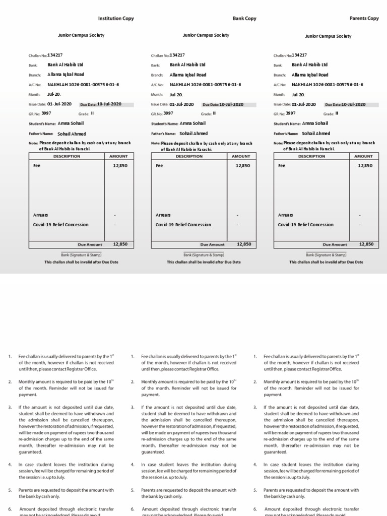 Bank Al Habib Fee Payment Instructions | PDF