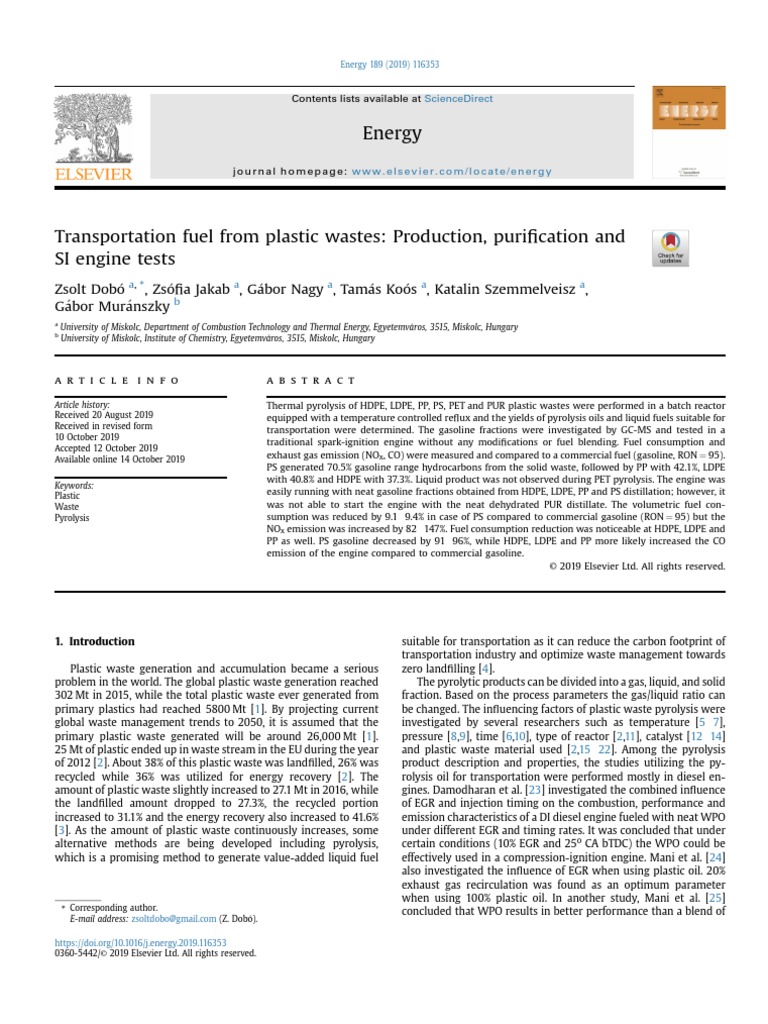 Transportation Fuel From Plastic Wastes Production, Purification and