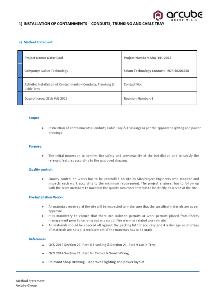 Installation Method Statement for Conduits, Cable Tray and Trunking