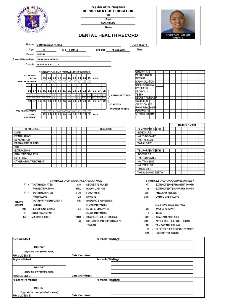 Athletes Dental Record Template PDF Periodontology Dentist