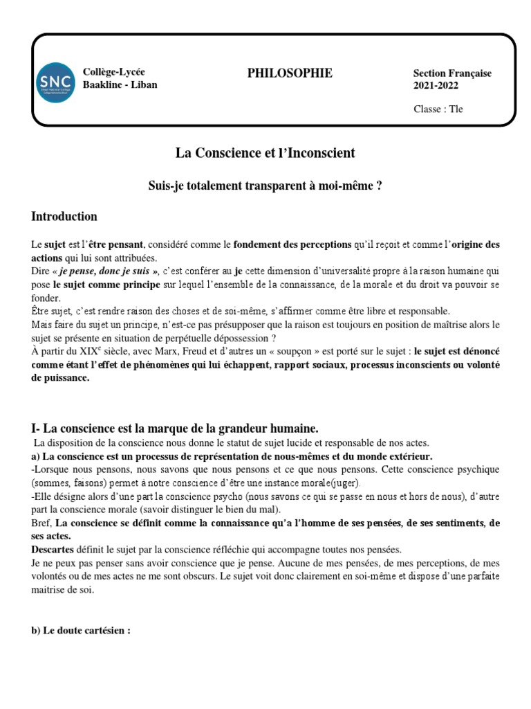 Tle-Philosophie-La Conscience Et L'inconscient - Cours | PDF ...