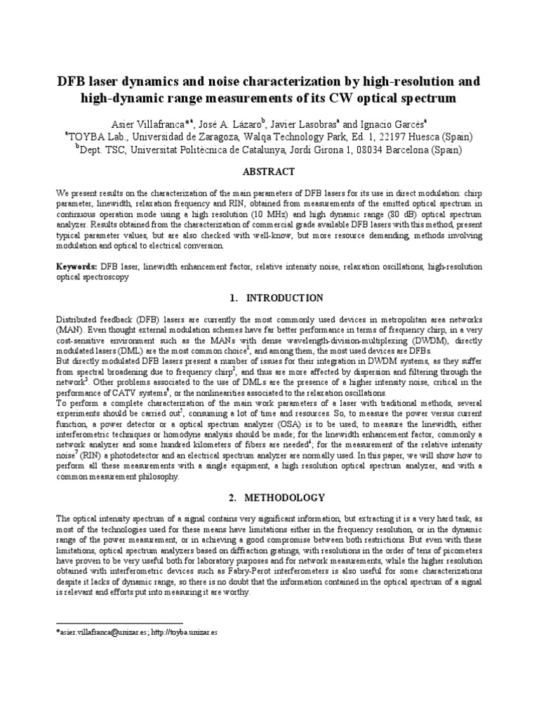 DFB Laser Dynamics and Noise Characterization by High Resolution and