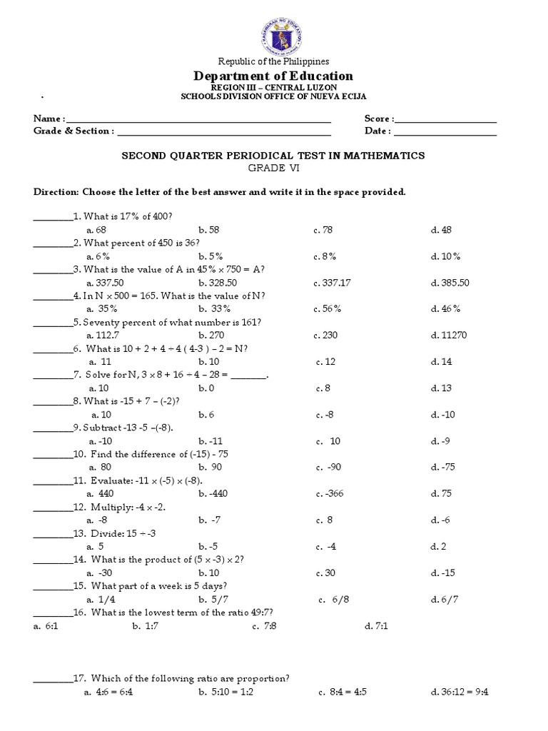 Mathematics 62ND Quarter Examination PDF Percentage Mathematics