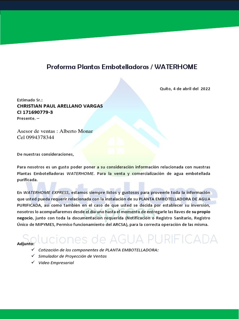 Proforma Planta 300 Botell-Con Franquicia-Sr. Christian Arellano | PDF ...