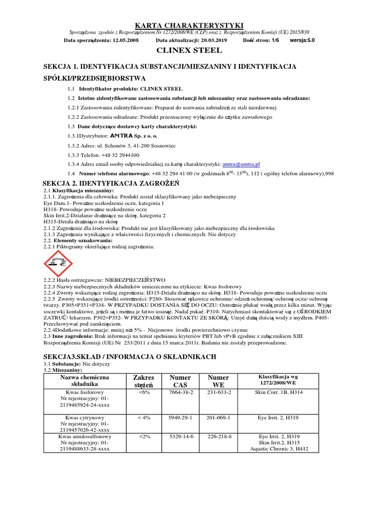 Clinex Gastro Steel, Płyn Do Czyszczenia Stali Karta Charakterystyki