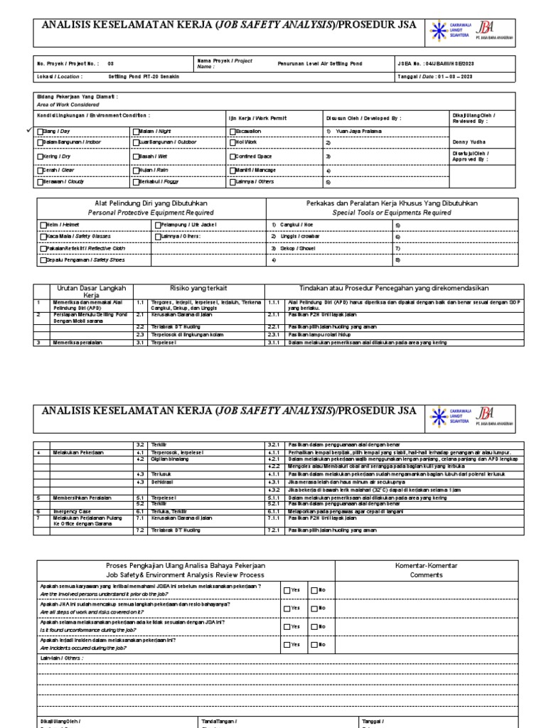 Prosedur JSA untuk Proyek Pertambangan | PDF