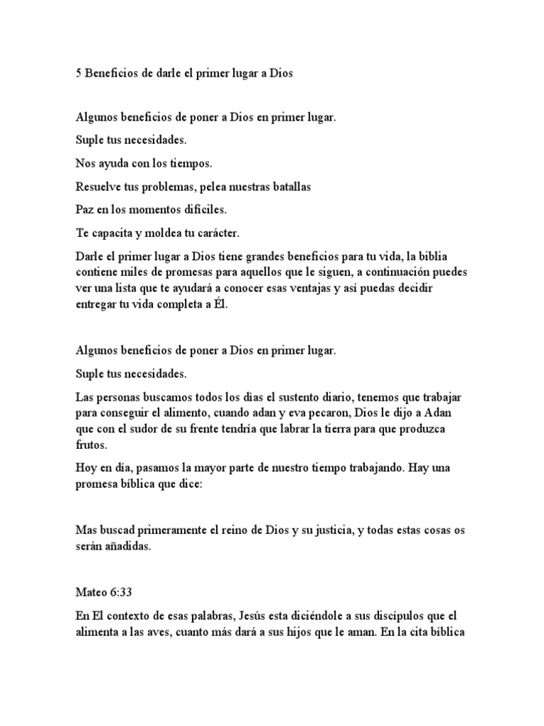 5 Beneficios de Darle El Primer Lugar A Dios | PDF | Dios | Biblia