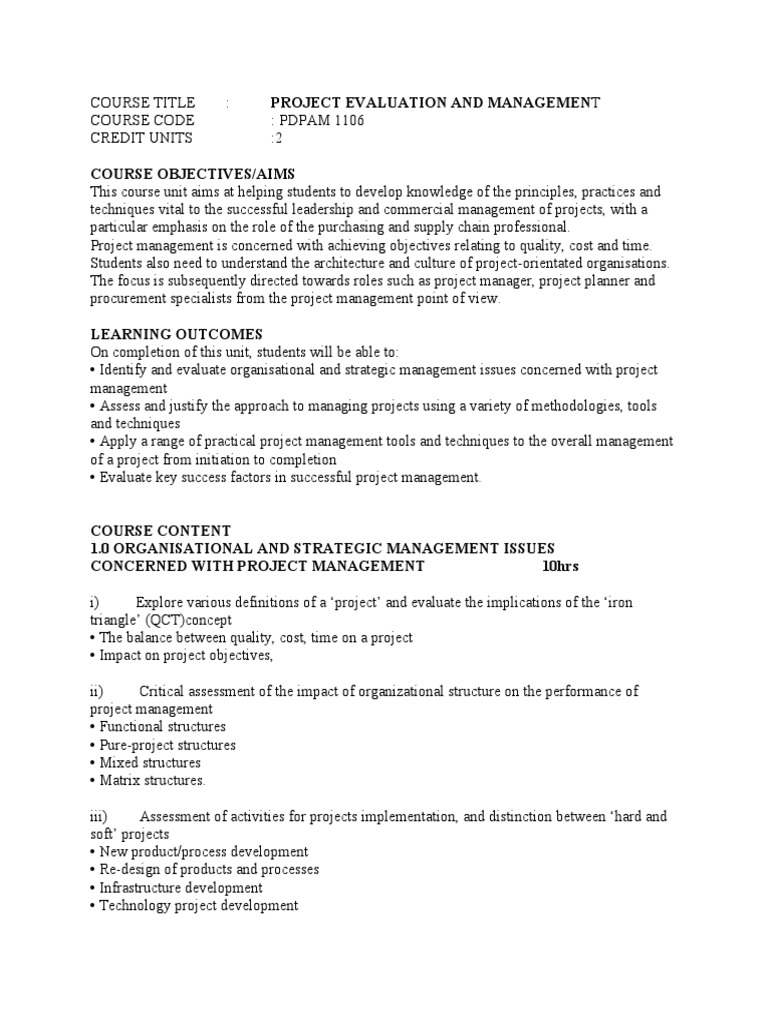 Project Evaluation and Management Course | PDF | Project Management ...