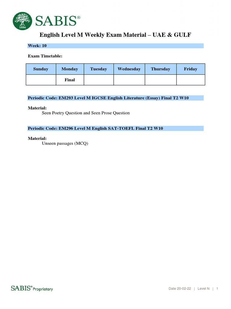 2223 Level M English Exam Related Materials T2 Wk10 - UAE - GULF | PDF